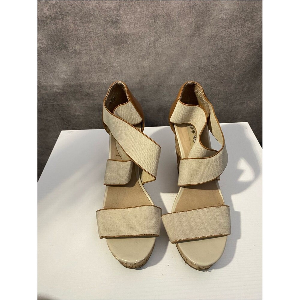Steve Madden Elastic Strap Cork Wedge Sandals Cream Tan Platform